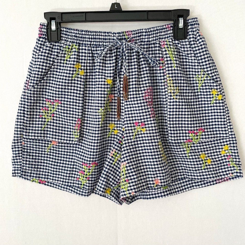 For Cynthia Size Small Blue White Gingham Floral Embroidered 4 inch Shorts